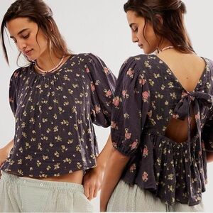 Free People Chloe Printed Top Washed Black Floral Large NWT Cottage Bow Gauze